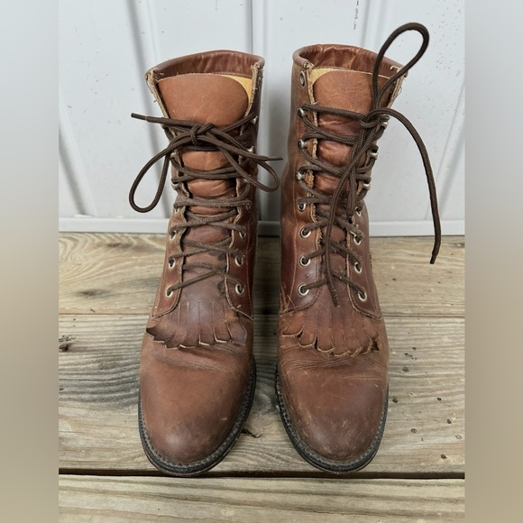 Tony Lama Shoes - Tony Lama 7661 Brown Leather Women’s Lace-Up Roper Boots Size 6B Western Boho